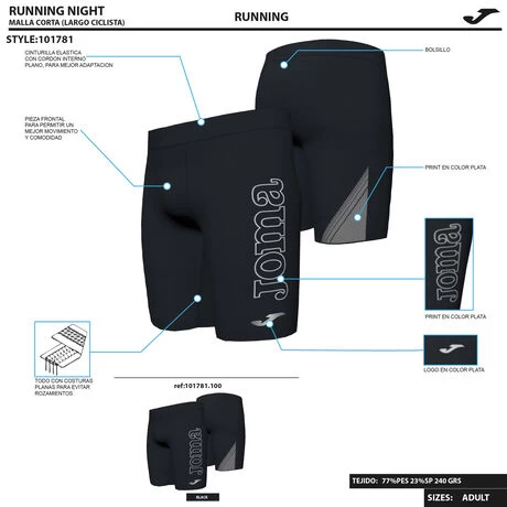 JOMA Mallas Cortas Hombre Running Night Negro 15 JOMA Mallas Cortas Hombre Running Night Negro - Imagen 13